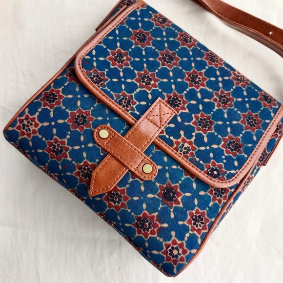 Ajrakh Flap Sling Bag Blue Star