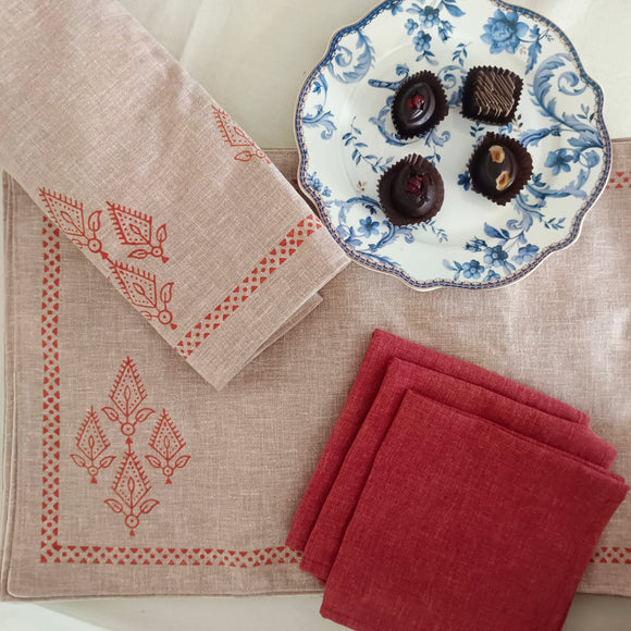 Handblock Printed Table Linen set- Brown Geometric