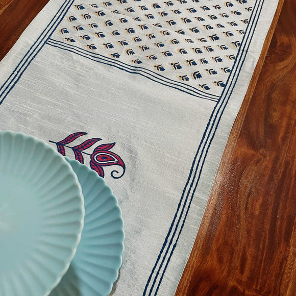 Polysilk Blockprinted Light Blue Booti Runner