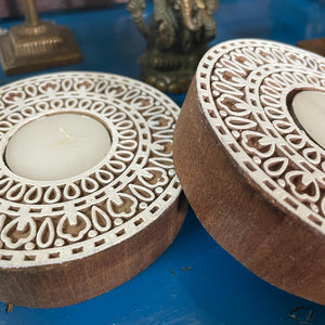 Wooden Block Tea Light Holder Mandala