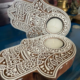 Woooden Block Tea Light Holder Hamsa