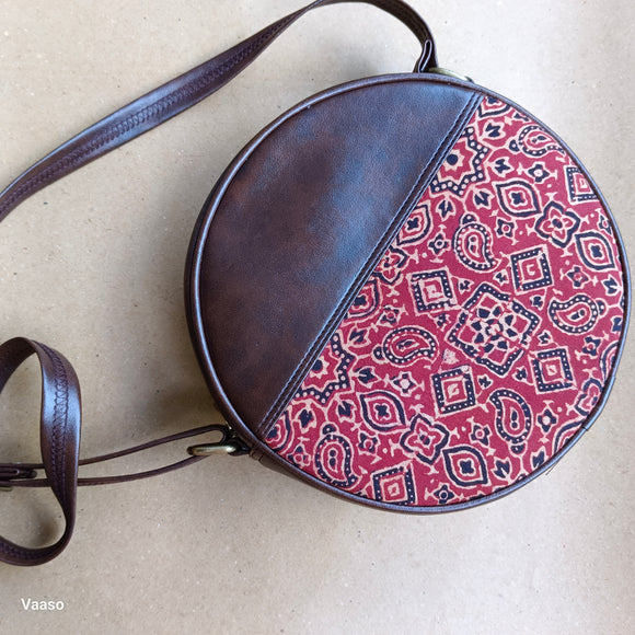 Ajrakh Round Sling Bag Red Traditional