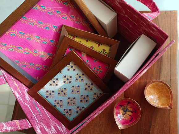 Foldable Gift Basket cum Organiser Pink Ikat