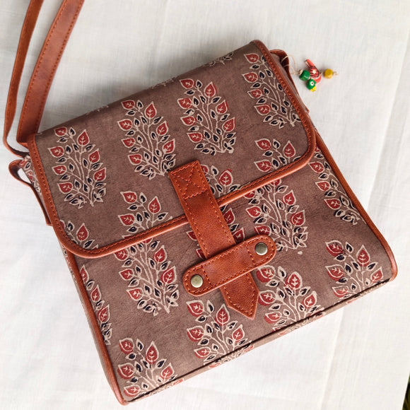 Ajrakh Flap Sling Bag Brown Stem