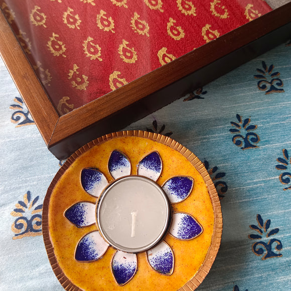 Copper Enamel Tealight Holder Yellow Petals