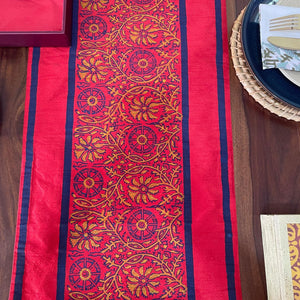 Polysilk Blockprinted Red Jaal Runner (Blue Patti)