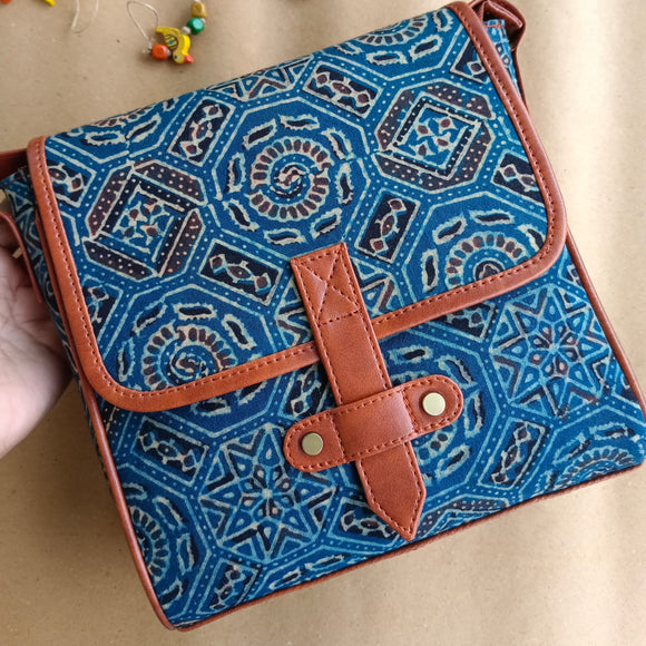 Ajrakh Flap Sling Bag Blue Shatkon