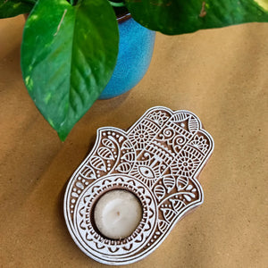 Woooden Block Tea Light Holder Hamsa