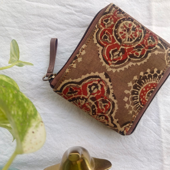 Unisex Ajrakh Square Wallet Brown Mandala