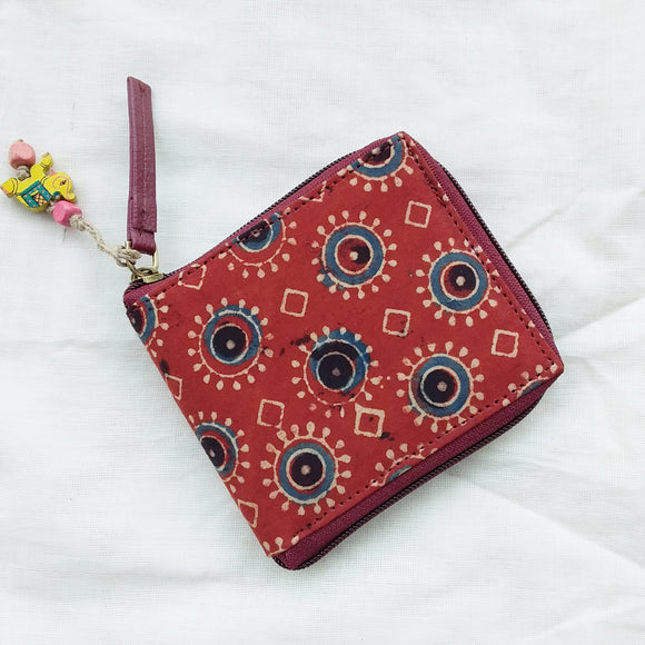 Unisex Square Ajrakh Wallet Circles Red