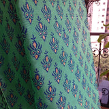 Handblockprinted Peacock border Electric Green Curtain