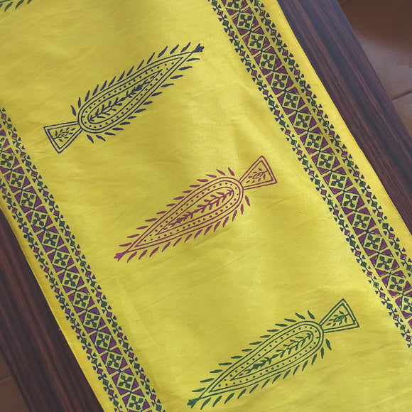 Polysilk Handblock Printed Runner Tree Yellow