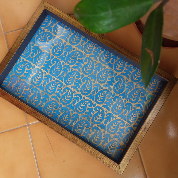 Handcrafted Decorative Blockprint Tray- Blue Ambi