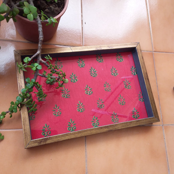 Handcrafted Decorative Blockprint Tray- Red Booti