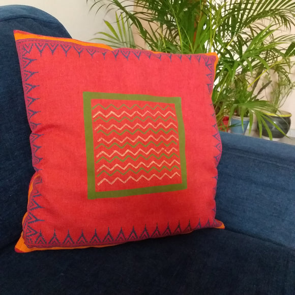 Handblock Printed Cotton Cushion Cover Red Chaukor