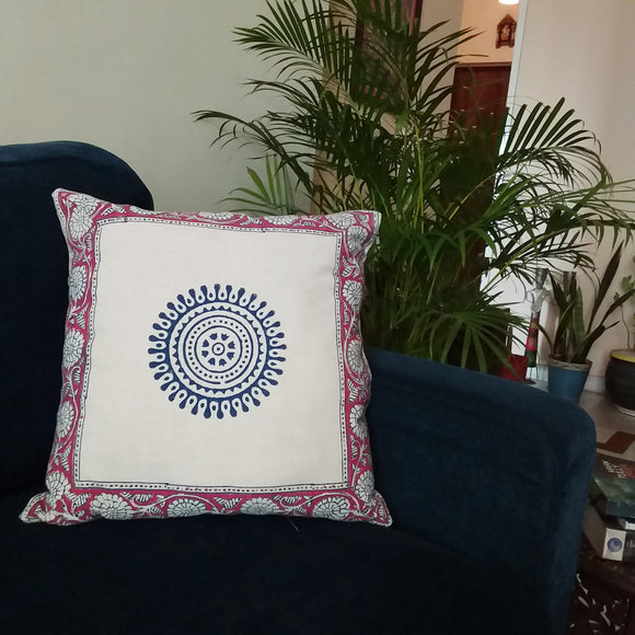 Handblock Printed Cotton Cushion Cover Offwhite Mandala