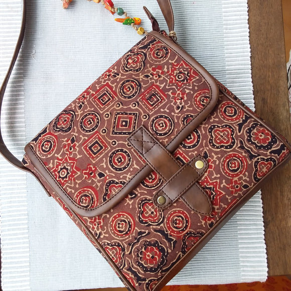 Ajrakh Flap Sling Bag Traditional Brown
