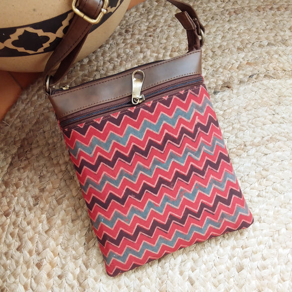 Ajrakh Small Sling Bag Red Zigzag