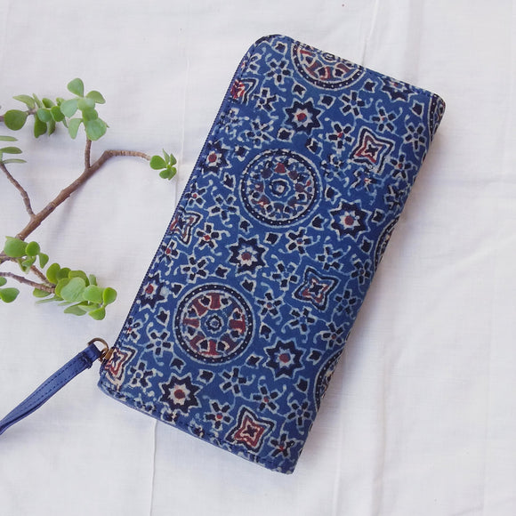 Ajrakh Long wallet Charkha Blue
