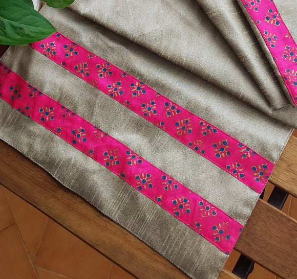 Polysilk Handblock Printed Grey Fuchsia Stripes