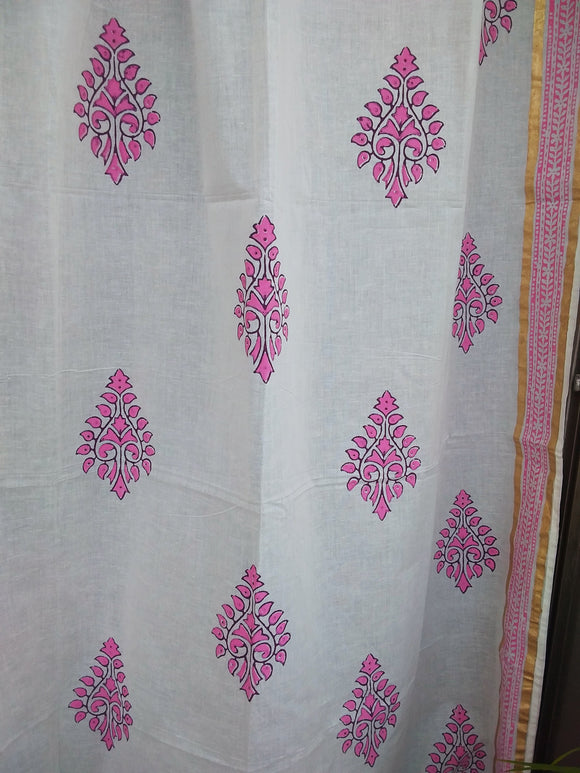 Handblock Printed Cotton Curtain Offwhite Pink Paan