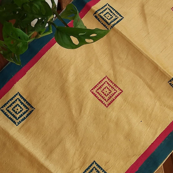 Polysilk Handblock printed Dull Gold Squares